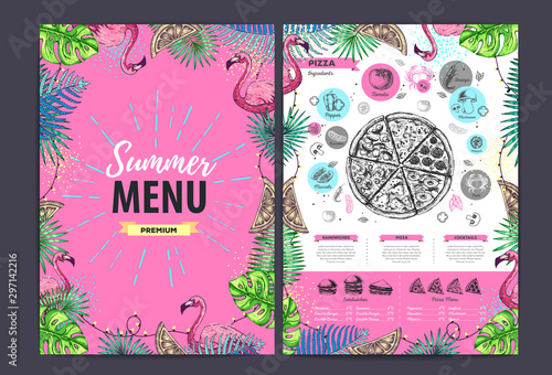 Restaurant summer pizza menu design with tropic leaves. Fast food menu