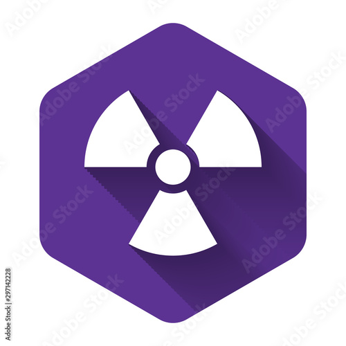White Radioactive icon isolated with long shadow. Radioactive toxic symbol. Radiation Hazard sign. Purple hexagon button. Vector Illustration