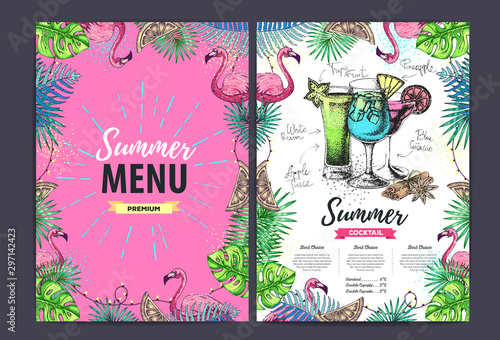Restaurant summer cocktail menu design with tropic leaves. Fast food menu