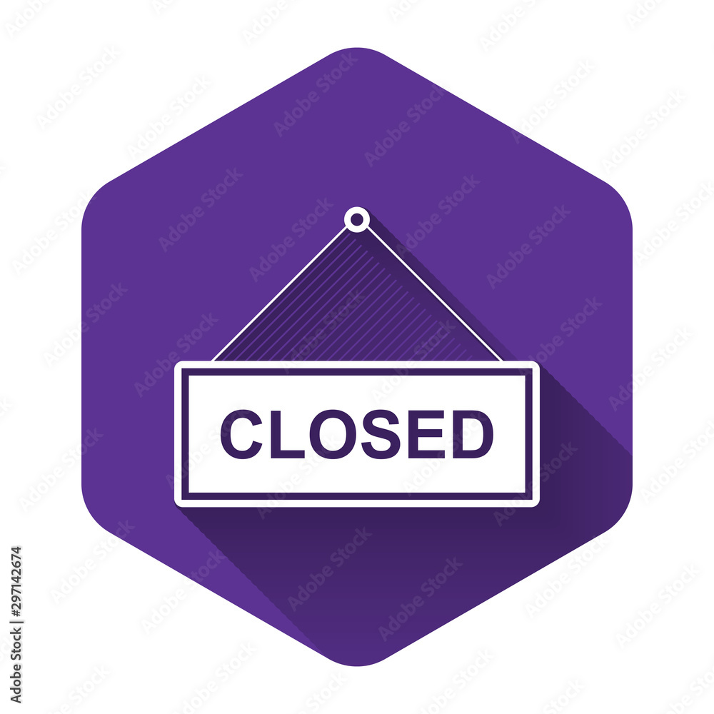 White Hanging sign with text Closed door icon isolated with long shadow. Purple hexagon button. Vector Illustration White Hanging sign with text Closed door icon isolated with long shadow. Purple hexagon button. Vector Illustration