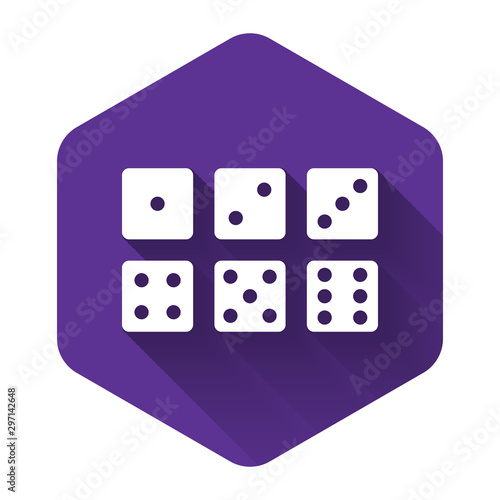 White Set of six dices icon isolated with long shadow. Purple hexagon button. Vector Illustration
