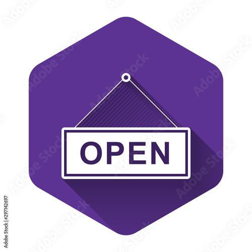 White Hanging sign with text Open door icon isolated with long shadow. Purple hexagon button. Vector Illustration