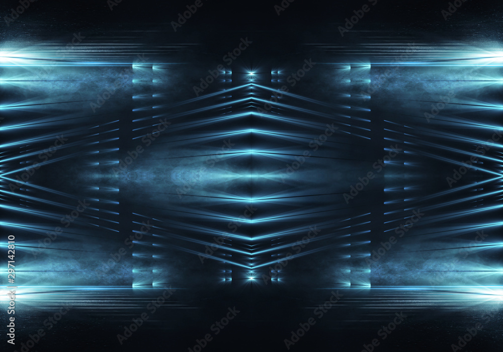 Fototapeta premium Dark abstract futuristic background. Neon lines glow. Neon lines, shapes. blue glow. Empty Stage Background
