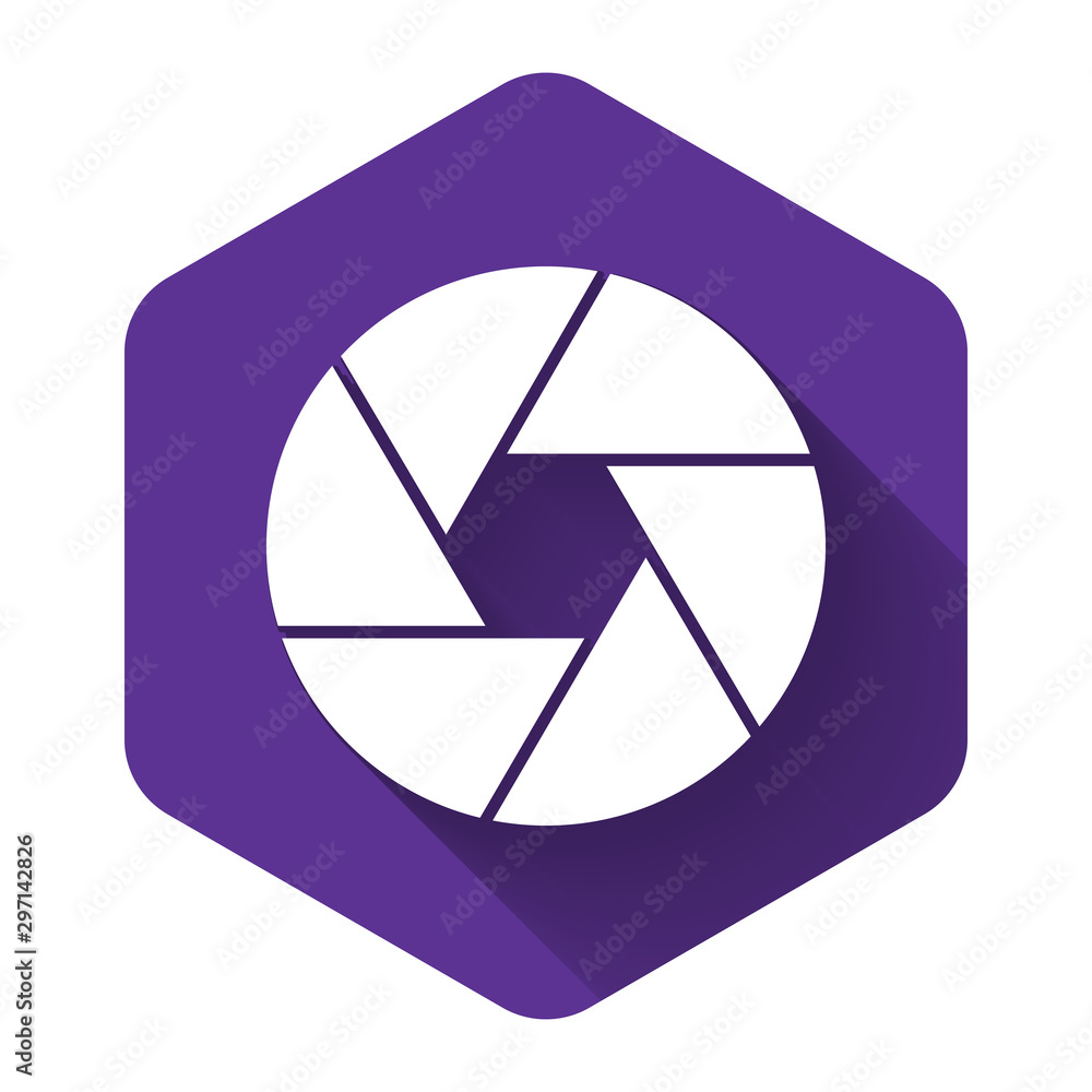 White Camera shutter icon isolated with long shadow. Purple hexagon button. Vector Illustration White Camera shutter icon isolated with long shadow. Purple hexagon button. Vector Illustration