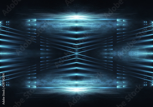 Dark abstract futuristic background. Neon lines glow. Neon lines, shapes. blue glow. Empty Stage Background