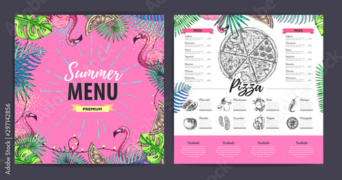 Restaurant summer pizza menu design with tropic leaves. Fast food menu