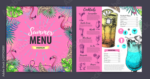 Restaurant summer cocktail menu design with tropic leaves. Fast food menu
