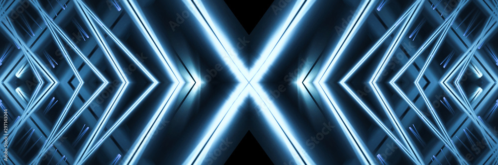 Dark abstract futuristic background. Neon lines glow. Neon lines, shapes. blue glow. Empty Stage Background Dark abstract futuristic background. Neon lines glow. Neon lines, shapes. blue glow. Empty Stage Background