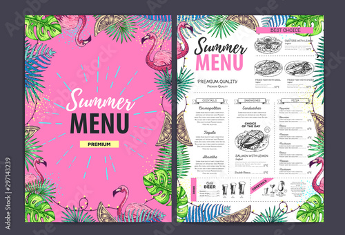 Restaurant summer menu design with tropic leaves and cocktails. Fast food menu photo