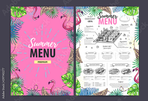 Restaurant summer menu design with tropic leaves. Fast food menu