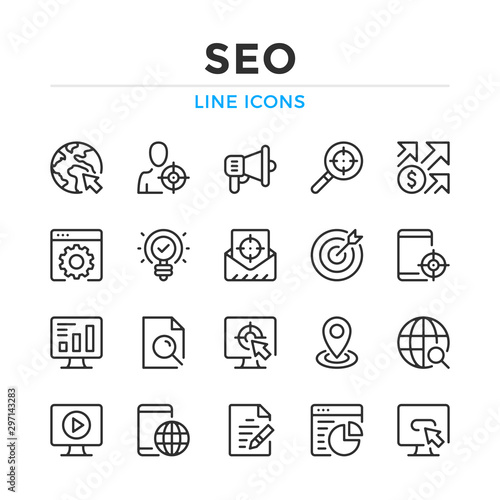 SEO line icons set. Modern outline elements, graphic design concepts, simple symbols collection. Vector line icons