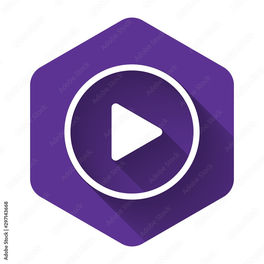 White Play icon isolated with long shadow. Purple hexagon button. Vector Illustration White Play icon isolated with long shadow. Purple hexagon button. Vector Illustration