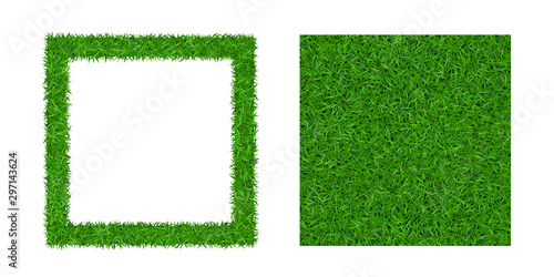 Green grass background 3D set. Lawn greenery nature seamless pattern. Abstract soccer field texture frame square. Ground landscape pattern. Grassy design. Beautiful grow meadow. Vector illustration