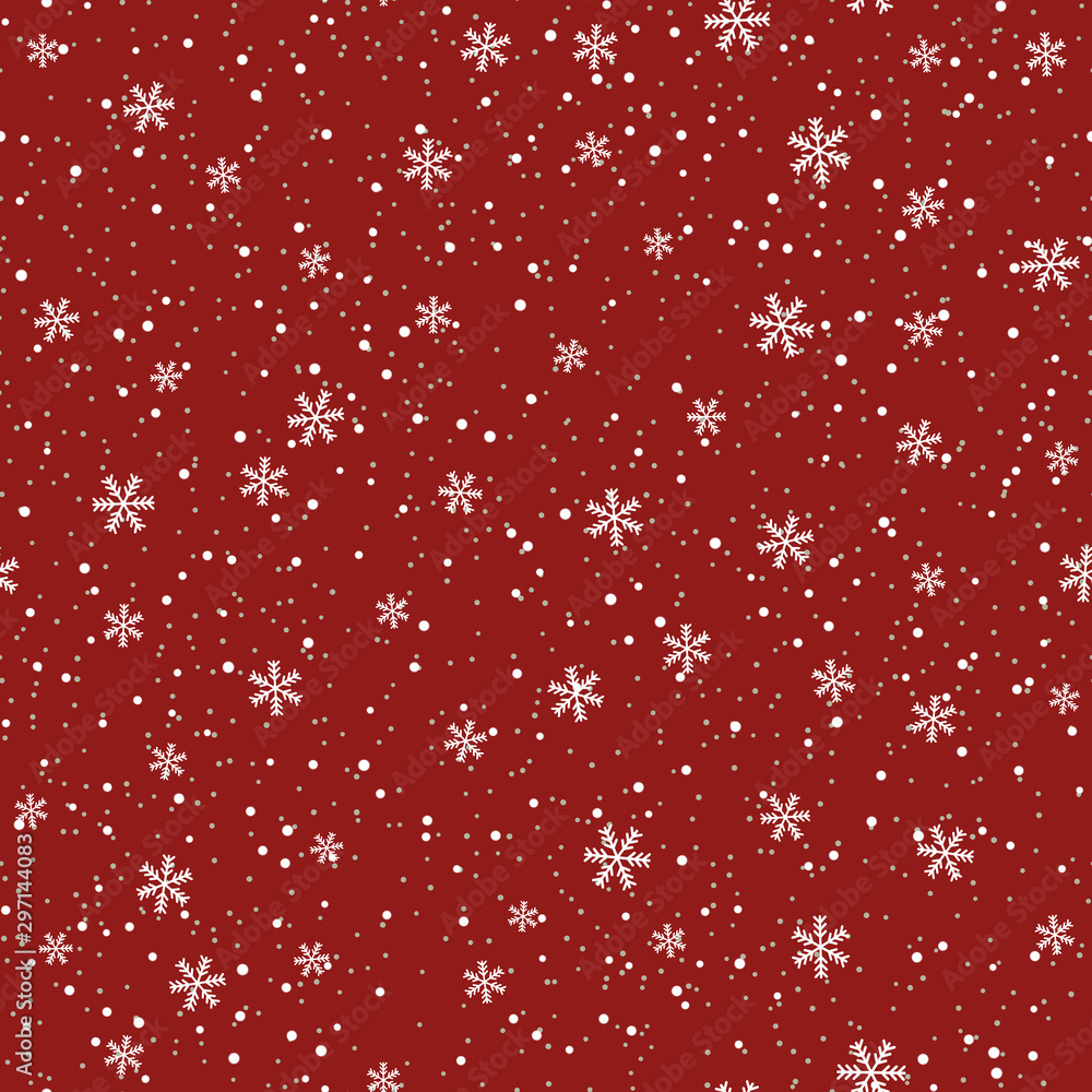 Snowflakes seamless pattern. Christmas red background. Snowfall repeat backdrop. Winter snow flake falling flat design. Snowy simple chaotic texture. Blizzard sky template Vector illustration Snowflakes seamless pattern. Christmas red background. Snowfall repeat backdrop. Winter snow flake falling flat design. Snowy simple chaotic texture. Blizzard sky template Vector illustration
