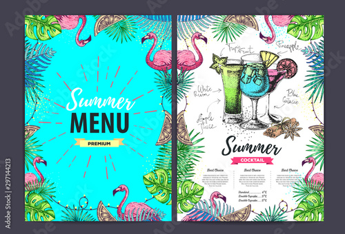 Restaurant summer cocktail menu design with tropic leaves. Fast food menu