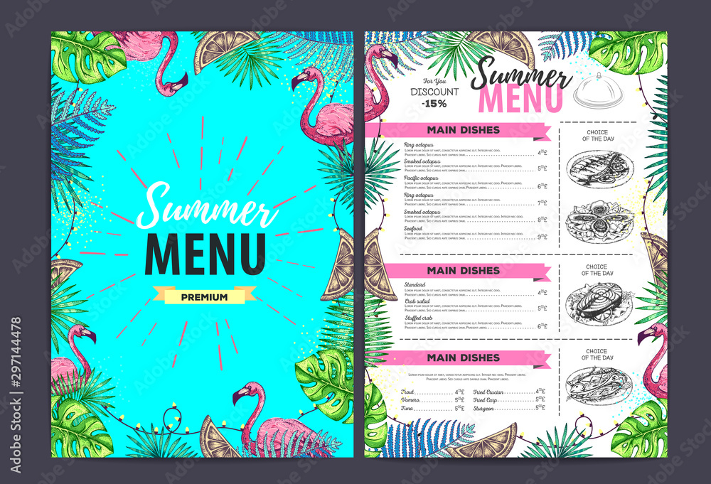 Naklejka premium Restaurant summer menu design with tropic leaves. Fast food menu