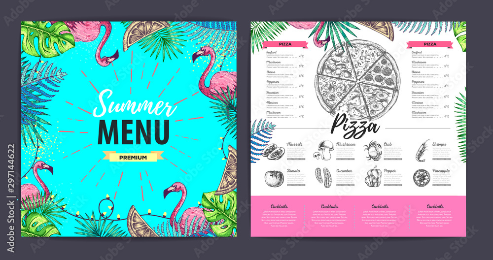 Restaurant summer pizza menu design with tropic leaves. Fast food menu