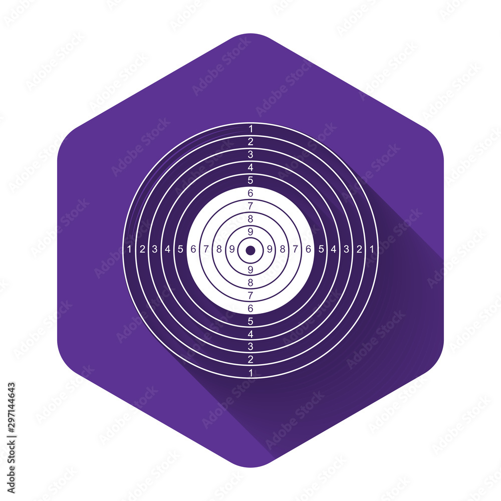 White Target sport for shooting competition icon isolated with long shadow. Clean target with numbers for shooting range or pistol shooting. Purple hexagon button. Vector Illustration White Target sport for shooting competition icon isolated with long shadow. Clean target with numbers for shooting range or pistol shooting. Purple hexagon button. Vector Illustration