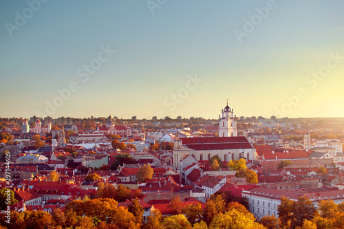 Cityscape view to Vilnius old town during the sunset at golden autumn