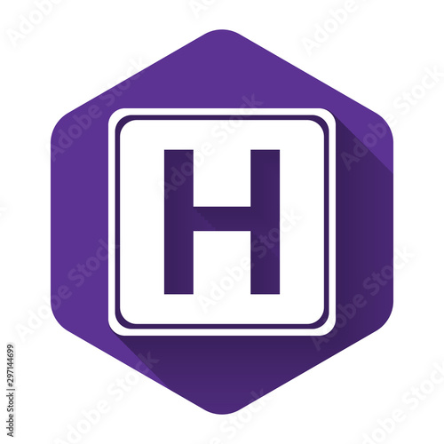 White Hospital sign icon isolated with long shadow. Purple hexagon button. Vector Illustration