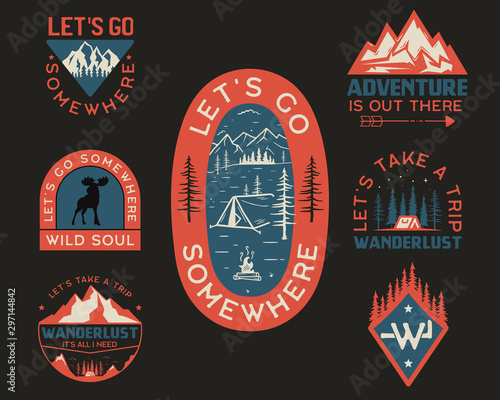Vintage camp logos, mountain badges set. Hand drawn labels designs for t shirt. Travel expedition, wanderlust and hiking. Wild animals, outdoor emblems. Logotypes collection. Stock vector
