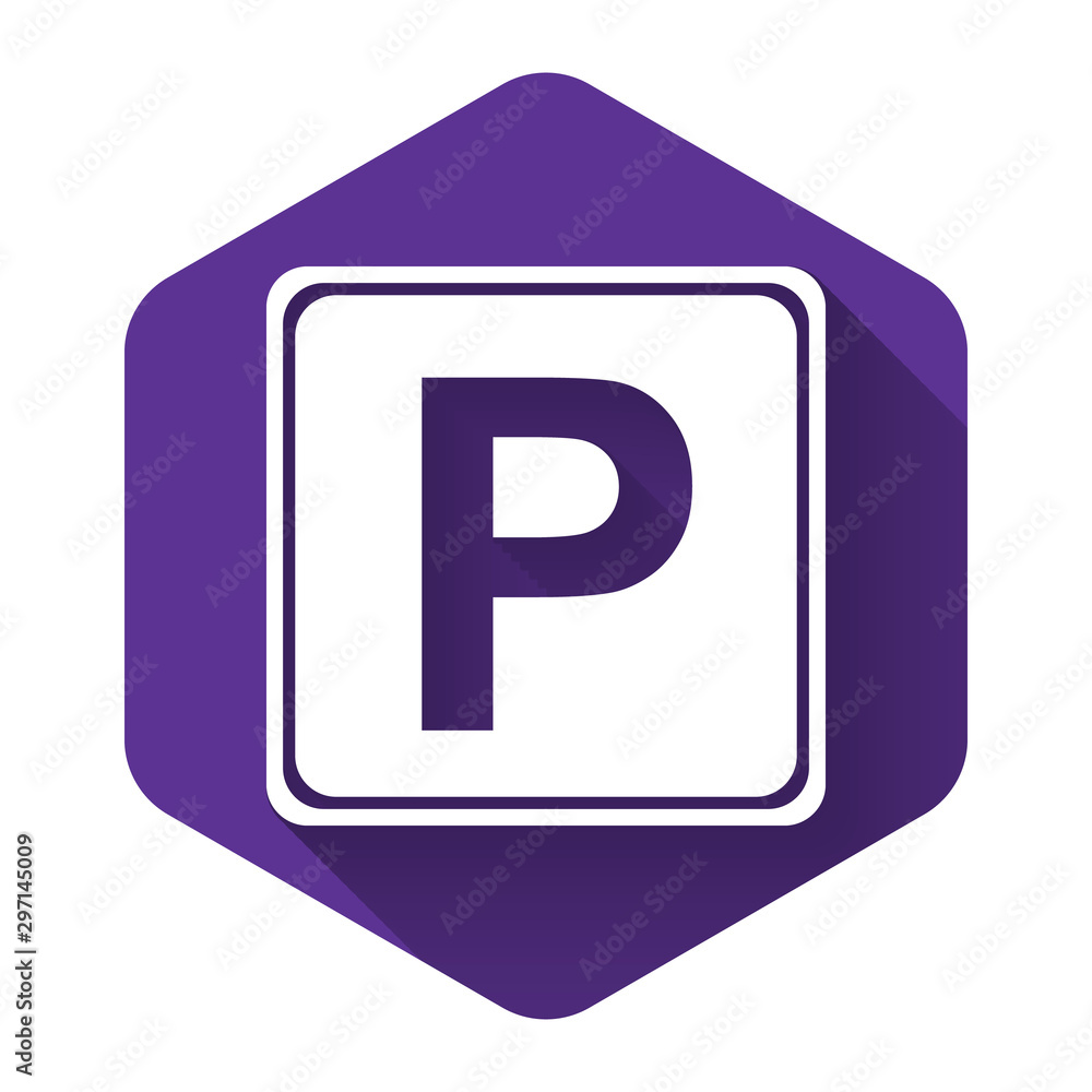 White Parking sign icon isolated with long shadow. Street road sign. Purple hexagon button. Vector Illustration White Parking sign icon isolated with long shadow. Street road sign. Purple hexagon button. Vector Illustration