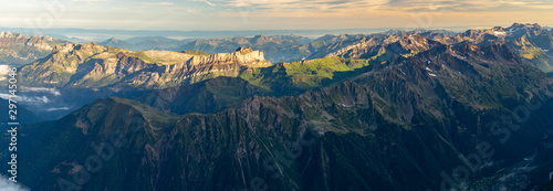 Panorama of mountain range at sunrise. French Alps