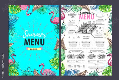 Restaurant summer menu design with tropic leaves. Fast food menu