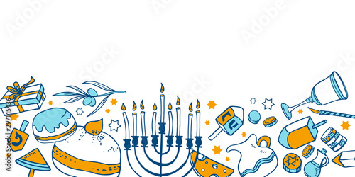 Composition with traditional Hanukkah objects on the bottom of the page. Hand drawn outline vector sketch illustration