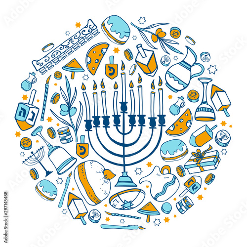 Round composition with Hanukkah objects and food. Hand drawn outline vector sketch illustration