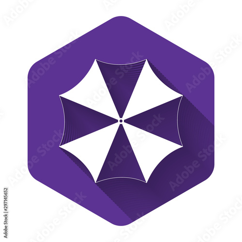 White Sun protective umbrella fo beach icon isolated with long shadow. Large parasol for outdoor space. Beach umbrella. Summer vacation or picnic accessory. Purple hexagon button. Vector Illustration