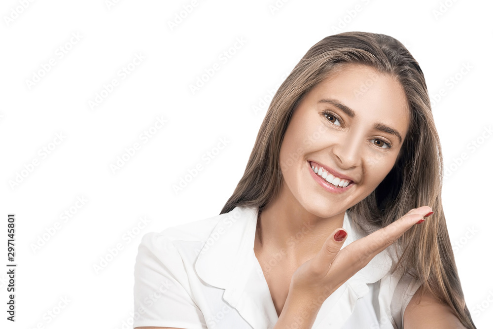 Beautiful girl smiling holding her hand in the face area showing the whiteness of healthy teeth, the concept of youth and health Beautiful girl smiling holding her hand in the face area showing the whiteness of healthy teeth, the concept of youth and health
