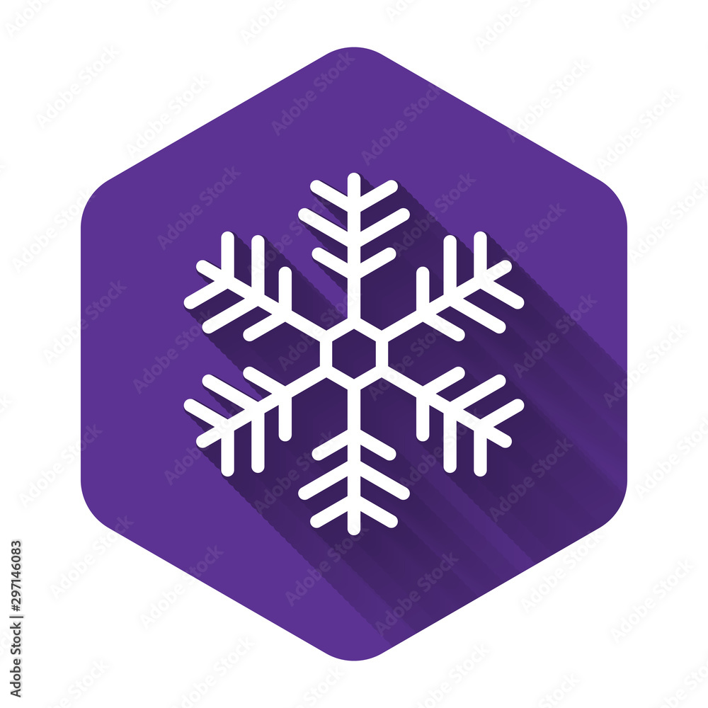 White Snowflake icon isolated with long shadow. Purple hexagon button. Vector Illustration White Snowflake icon isolated with long shadow. Purple hexagon button. Vector Illustration