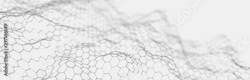 Futuristic white hexagon background. Futuristic honeycomb concept. Wave of particles. 3D rendering.