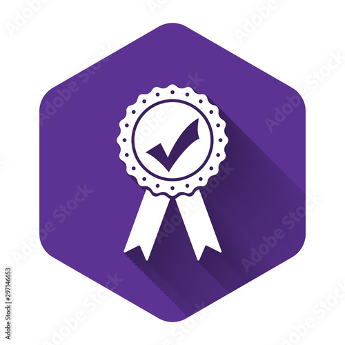 White Approved or certified medal with ribbons and check mark icon isolated with long shadow. Purple hexagon button. Vector Illustration