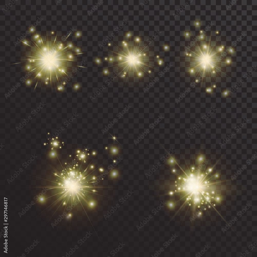 Obraz premium Set of golden flashes of light with sparks on a translucent back