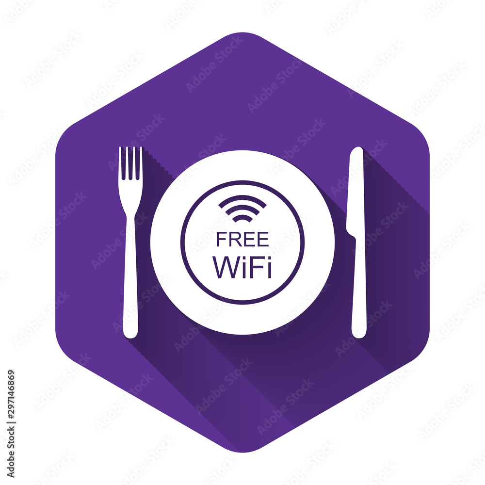 White Restaurant Free Wi-Fi zone icon isolated with long shadow. Plate, fork and knife sign. Purple hexagon button. Vector Illustration White Restaurant Free Wi-Fi zone icon isolated with long shadow. Plate, fork and knife sign. Purple hexagon button. Vector Illustration