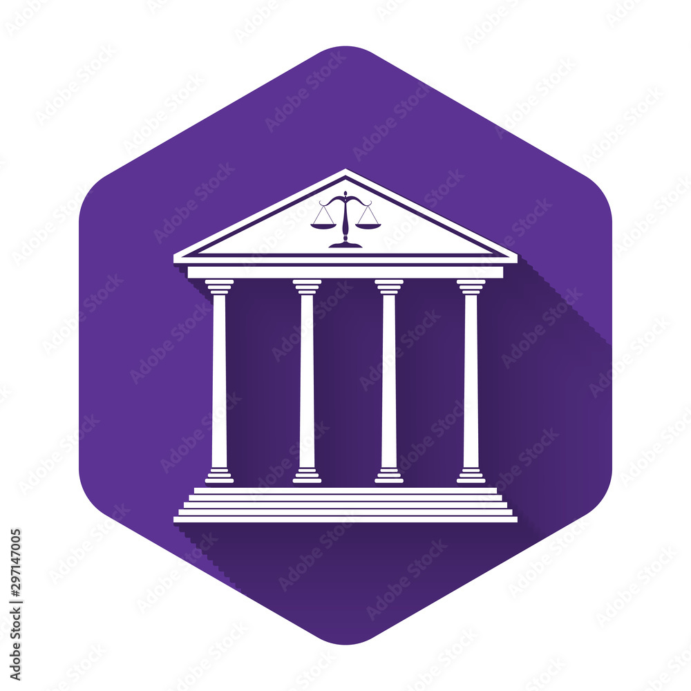 White Courthouse building icon isolated with long shadow. Purple hexagon button. Vector Illustration