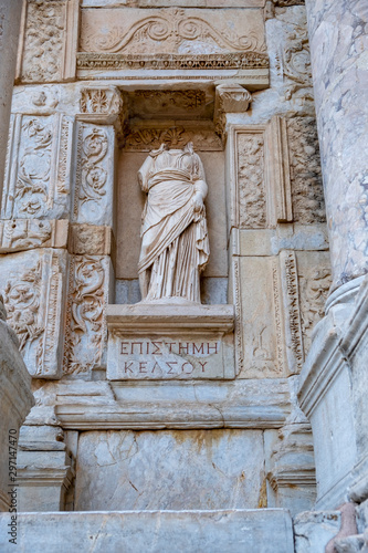 Statue of Knowledge on the exterior of the Celsus library in Ephesus Turkey