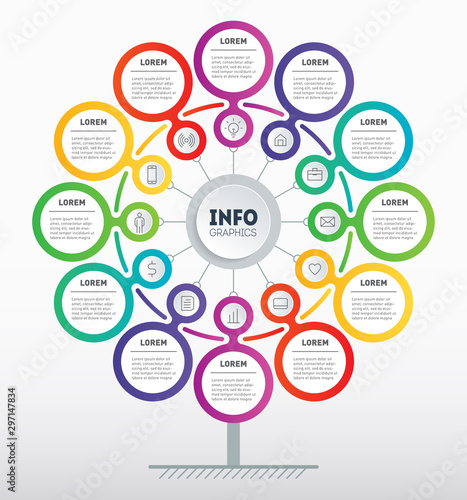 Business presentation concept with 12 options, steps. Infographic of technology or education process. Brochure design template. Annual report is segmented into twelve months.