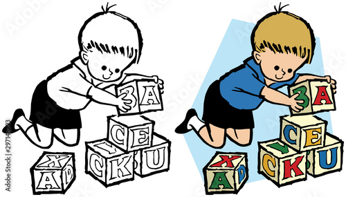 A young child plays by stacking letter blocks. 