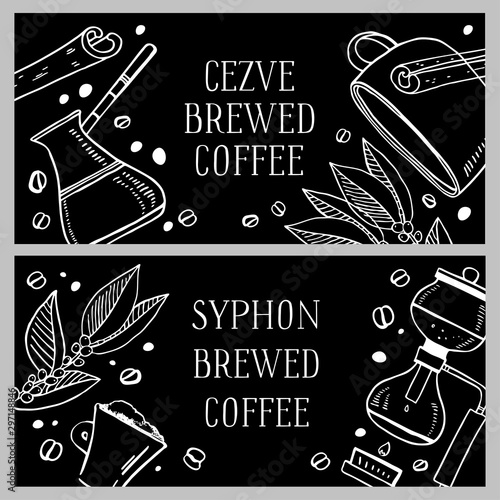 Alternative coffee brewing methods banner design templates. Cezve and syphon brewed drinks. Hand drawn vector outline illustration