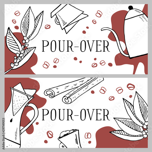 Alternative coffee brewing methods banner design templates. Pour-over brewed drinks. Hand drawn vector outline illustration