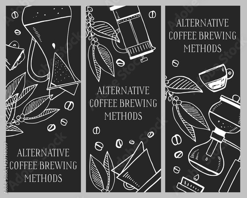 Alternative coffee brewing methods banner design templates. Drip, filter and syphon brewed drinks. Hand drawn vector outline illustration