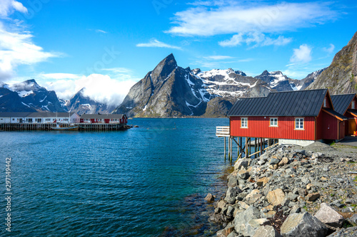 Tipical red fishing house in a Harbor on Lofoten islands, Norway