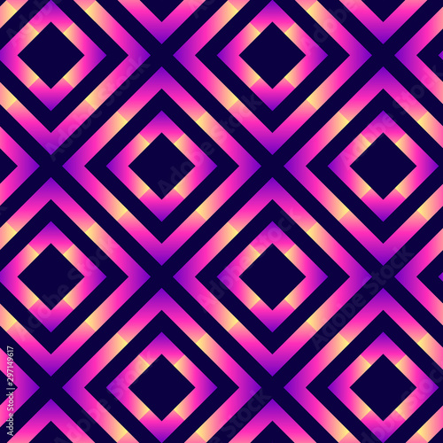 Hypnotic, psychedelic seamless pattern with squares. Neon geometric abstract vector wallpaper. Trippy background.