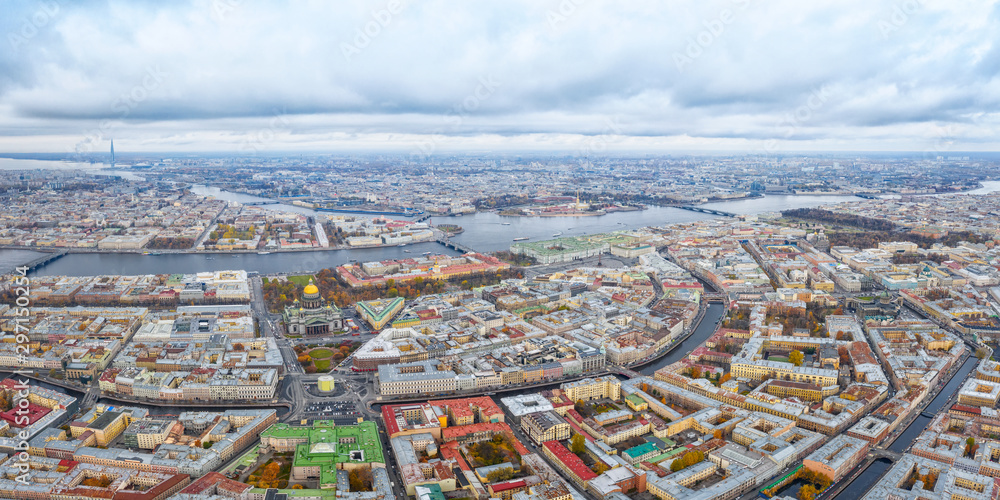 Large aerial panoramic view of  Saint Petersburg, Russia at cloudy day - obrazy, fototapety, plakaty 