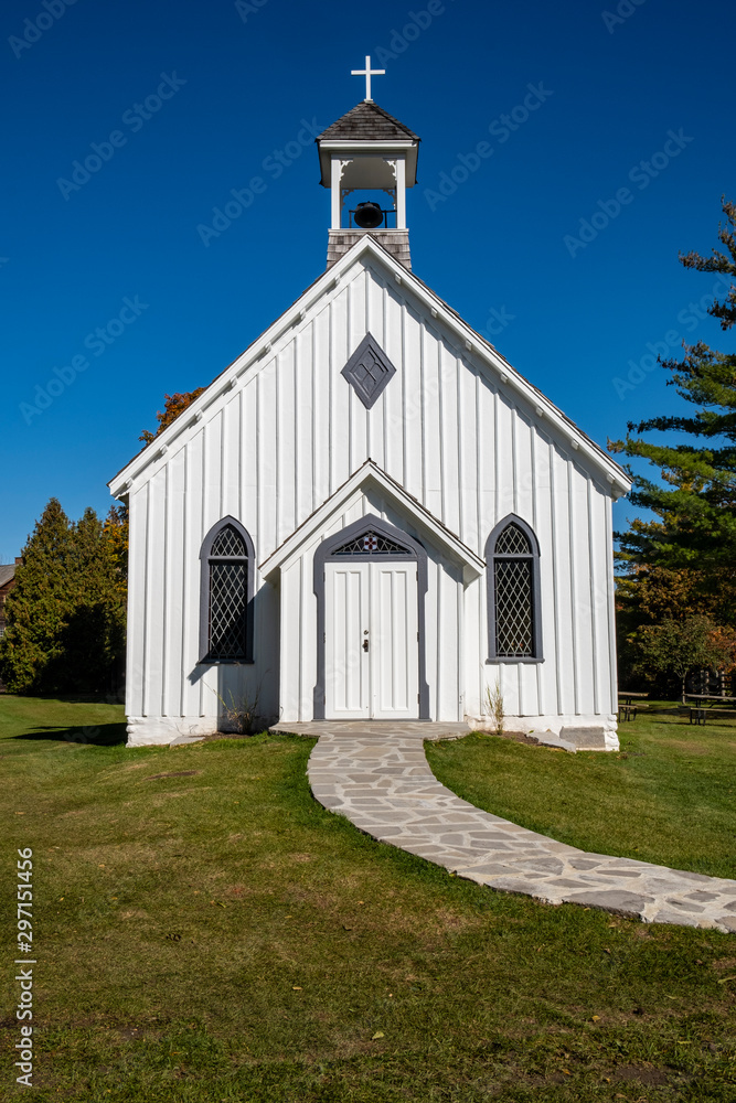 Little White Church by the Side of the Road in a Rural Area