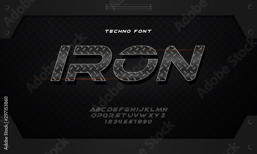 Metal font. Letters with metal textures and shadows. Futuristic iron font. 3D vector illustration.