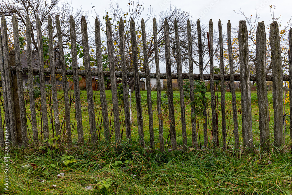 Fototapeta premium wooden fence with green grass and blue sky
